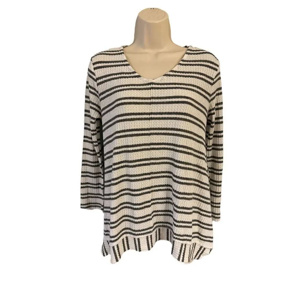 Altard State Womens Waffle Knit Oversized V- Neck Raw Hem Striped Top Size Small